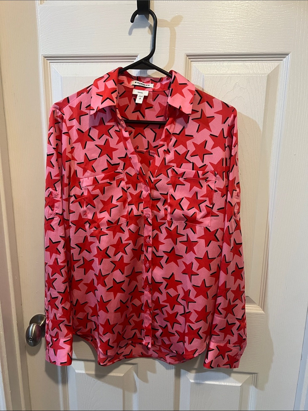 Express Pink and Red Star-Print Silk Button-Down Shirt